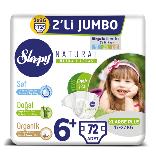 Sleepy Natural Bebek Bezi 6+ Numara Xlarge Plus 2X2'Lİ JUMBO 72 Adet (2X36) (17-27 Kg)