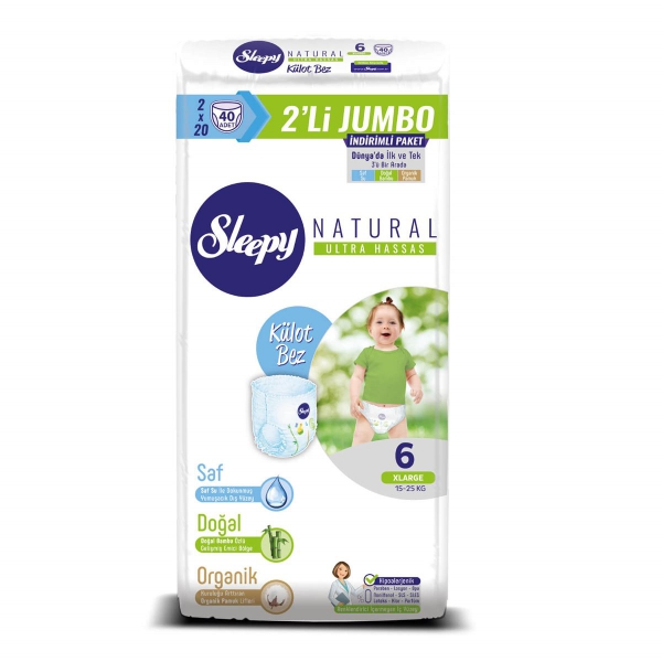 Sleepy Natural Külot Bebek Bezi 6 Beden Xlarge 15-25 kg 40lı Jumbo Paket