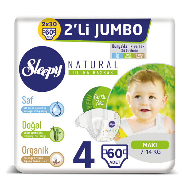 Sleepy Natural Bebek Bezi 4 Numara Maxi 2'Lİ JUMBO 60 Adet (7-14 Kg)