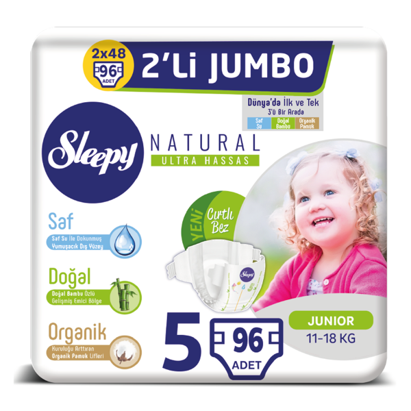 Sleepy Natural Bebek Bezi 5 Numara Junior 2X2'Lİ JUMBO 96 Adet (2X48) (11-18 Kg)