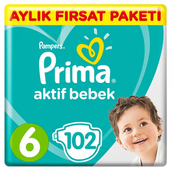 Prima Aktif Bebek Bezi 6 Beden 102li Aylık Fırsat Paketi