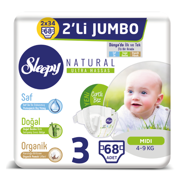 Sleepy Natural Bebek Bezi 3 Numara Midi 2'Lİ JUMBO 68 Adet (4-9 Kg)