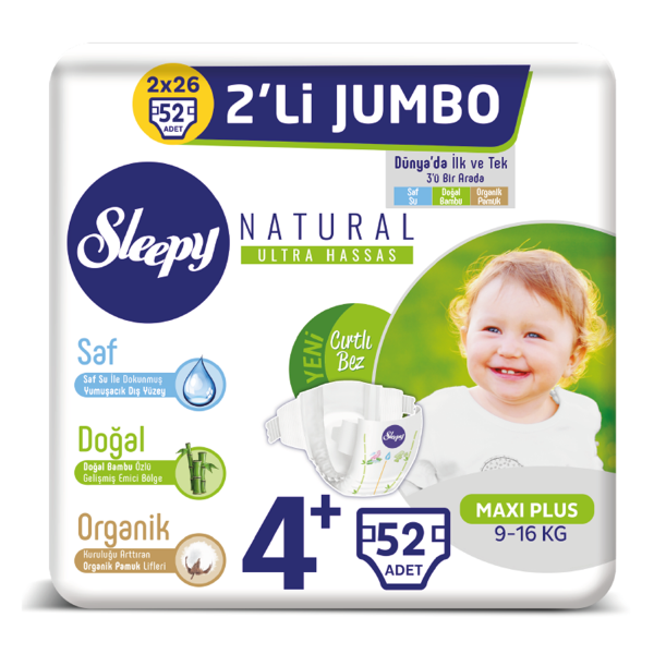 Sleepy Natural Bebek Bezi 4+ Numara Maxi Plus 2'Lİ JUMBO 52 Adet (9-16 Kg)